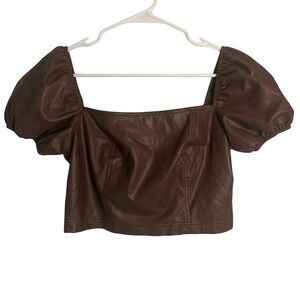 7 For All Mankind Brown Leather Puff Sleeve Crop Top